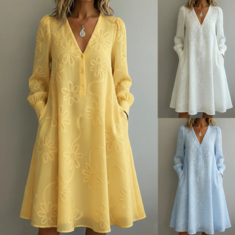 Elegant Floral V-Neck Long-Sleeve Dress