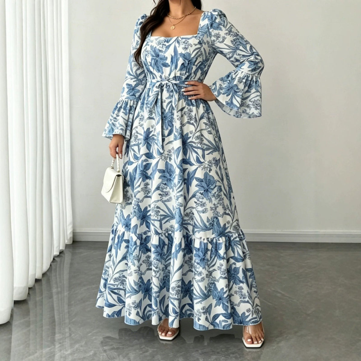 Square-neck Printed Mid-length Dress with a Fitted Waist