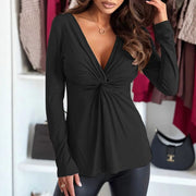 Long-sleeve V-neck Top with Pleats