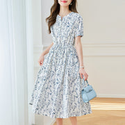 Blue-and-White Floral Commuter Dress for Women
