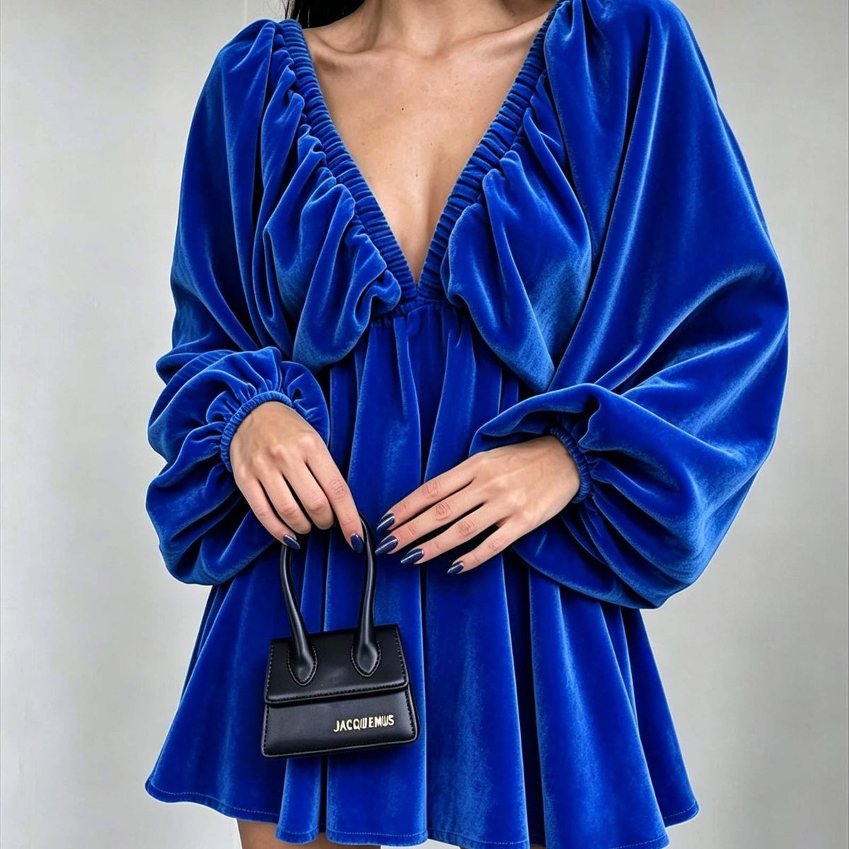 V-neck Womens Plush Dress with Puff Sleeves
