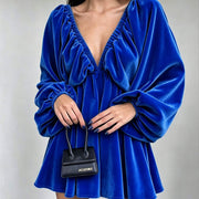 V-neck Womens Plush Dress with Puff Sleeves