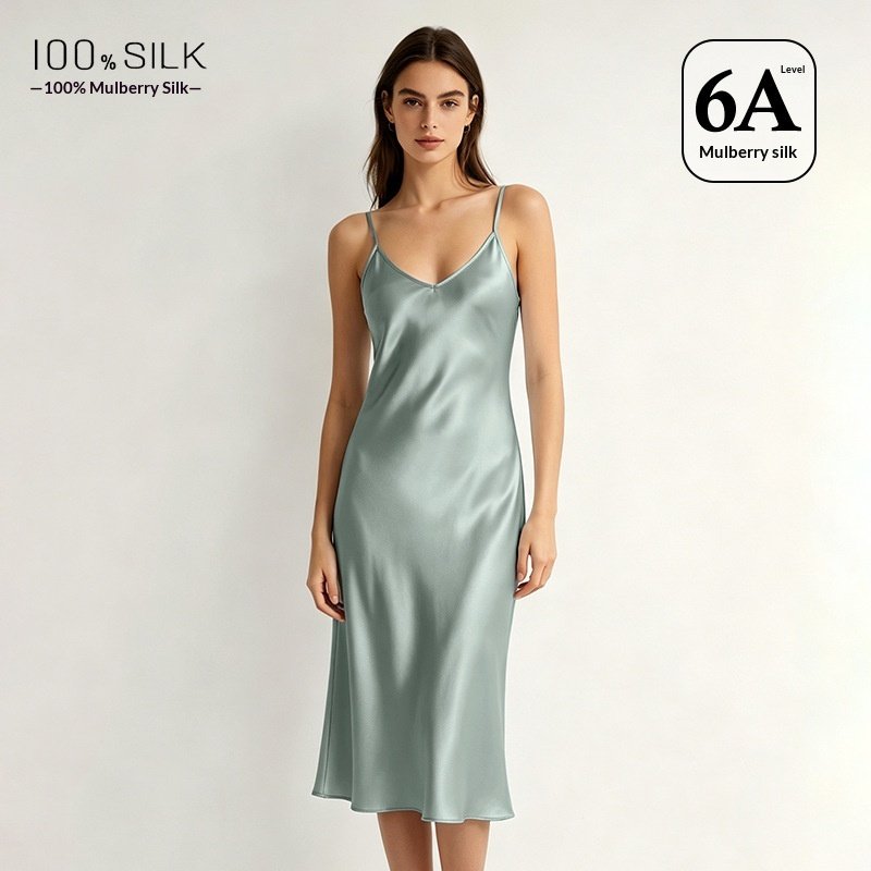 Womens Silk Nightdress High-end Silk Mid-length Loungewear Slip Dress for Layering
