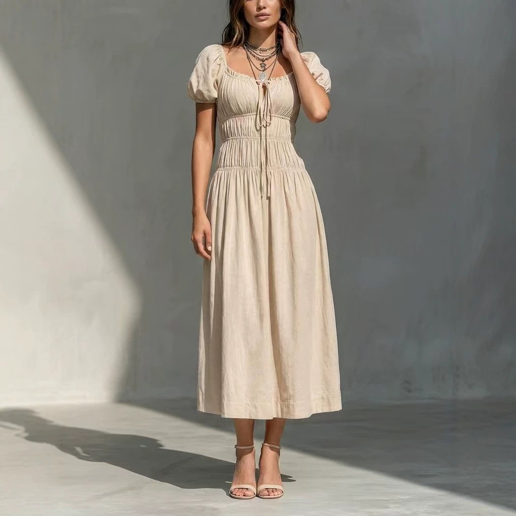 Women's Retro Square-neck Lace-up Bow-knot Waist-slimming Dress