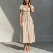 Women's Retro Square-neck Lace-up Bow-knot Waist-slimming Dress