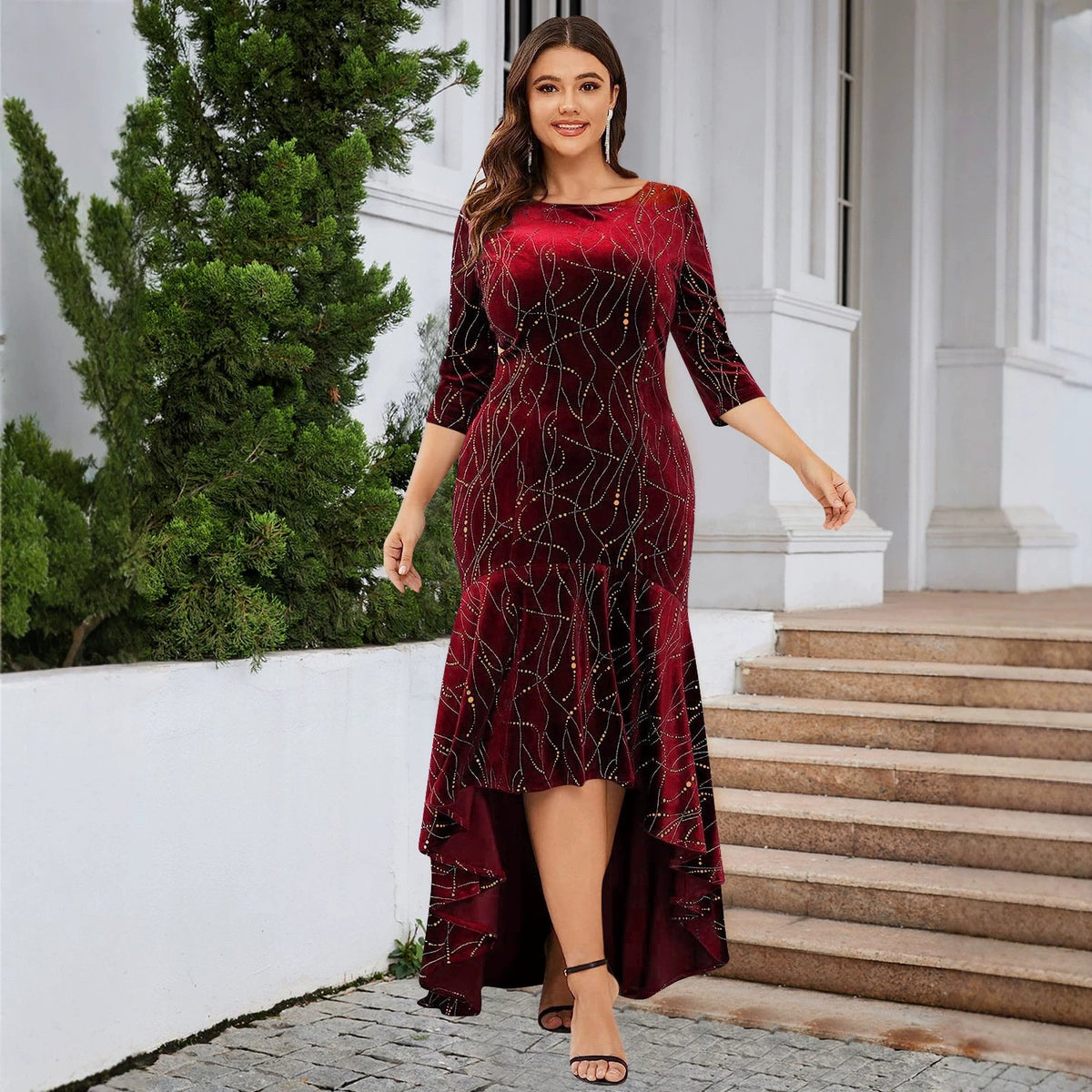 Plus-size Dress with an Asymmetrical Hem and Three-quarter Sleeves