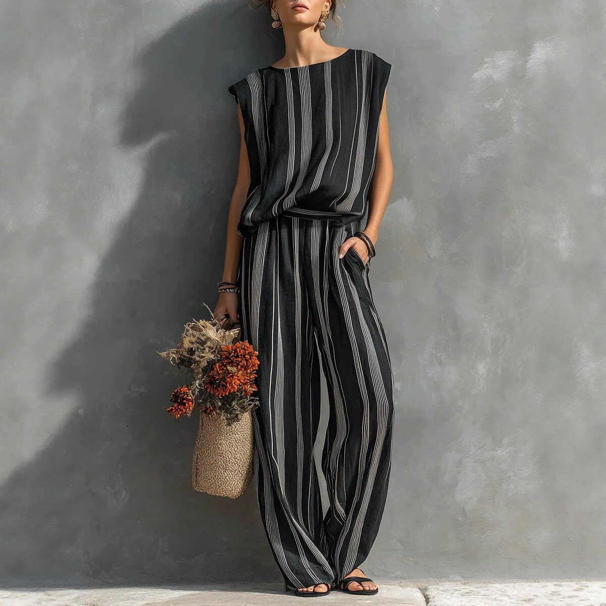 Casual Striped Wide-leg Pants Set