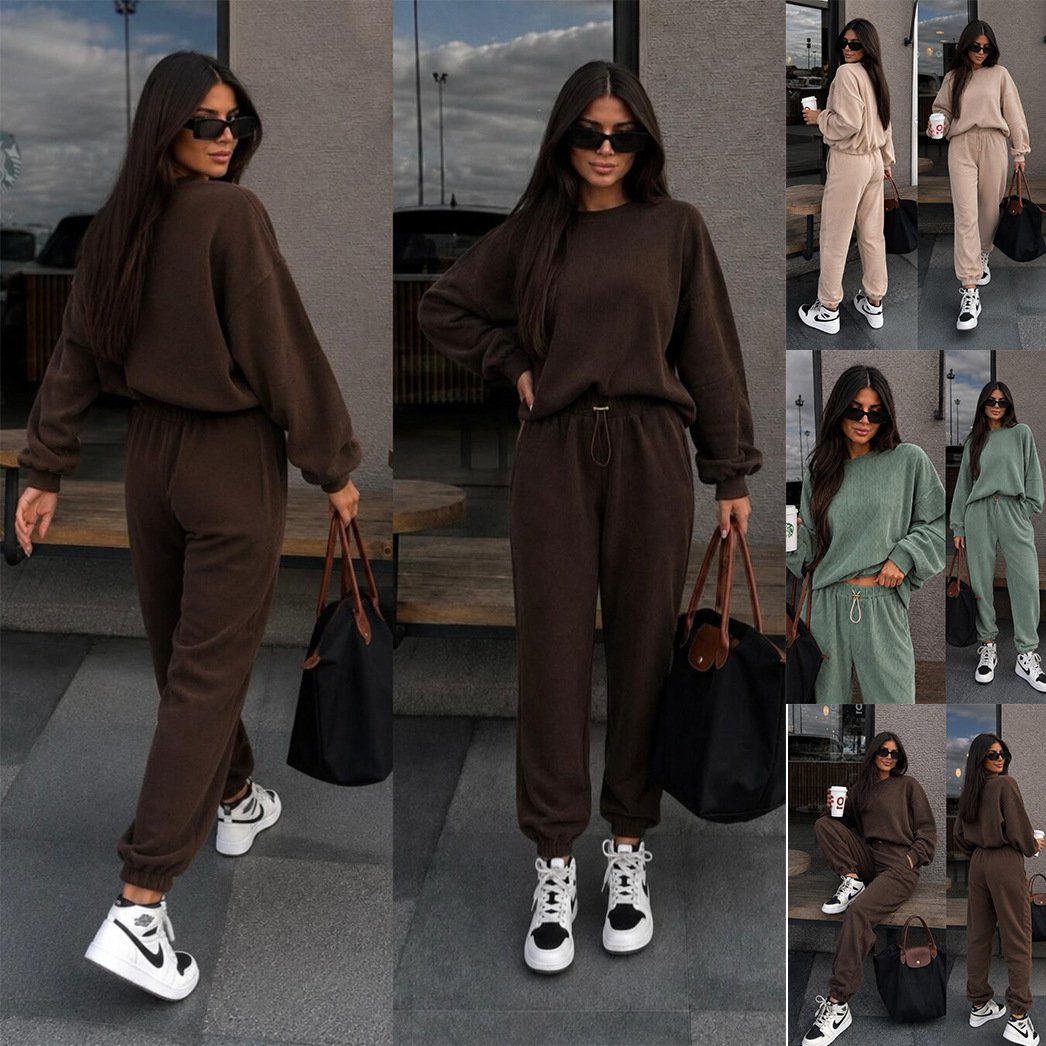 Casual Women's Crewneck Top & Drawstring Wide-Leg Pants Set