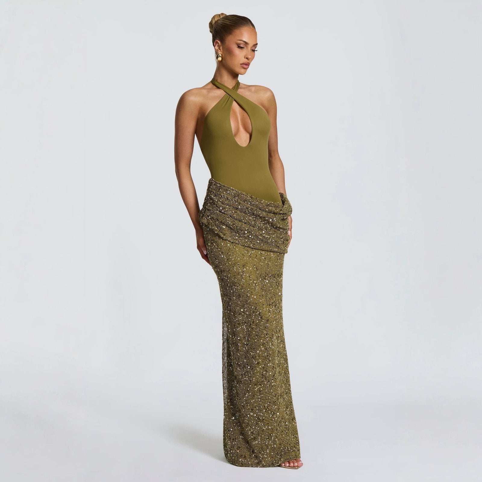 Sequin-Panel Halter Neck Long Backless Dress for Women