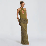 Sequin-Panel Halter Neck Long Backless Dress for Women