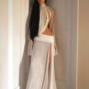 Elegant High-Neck Dress with 3D Pleats and Cuffs