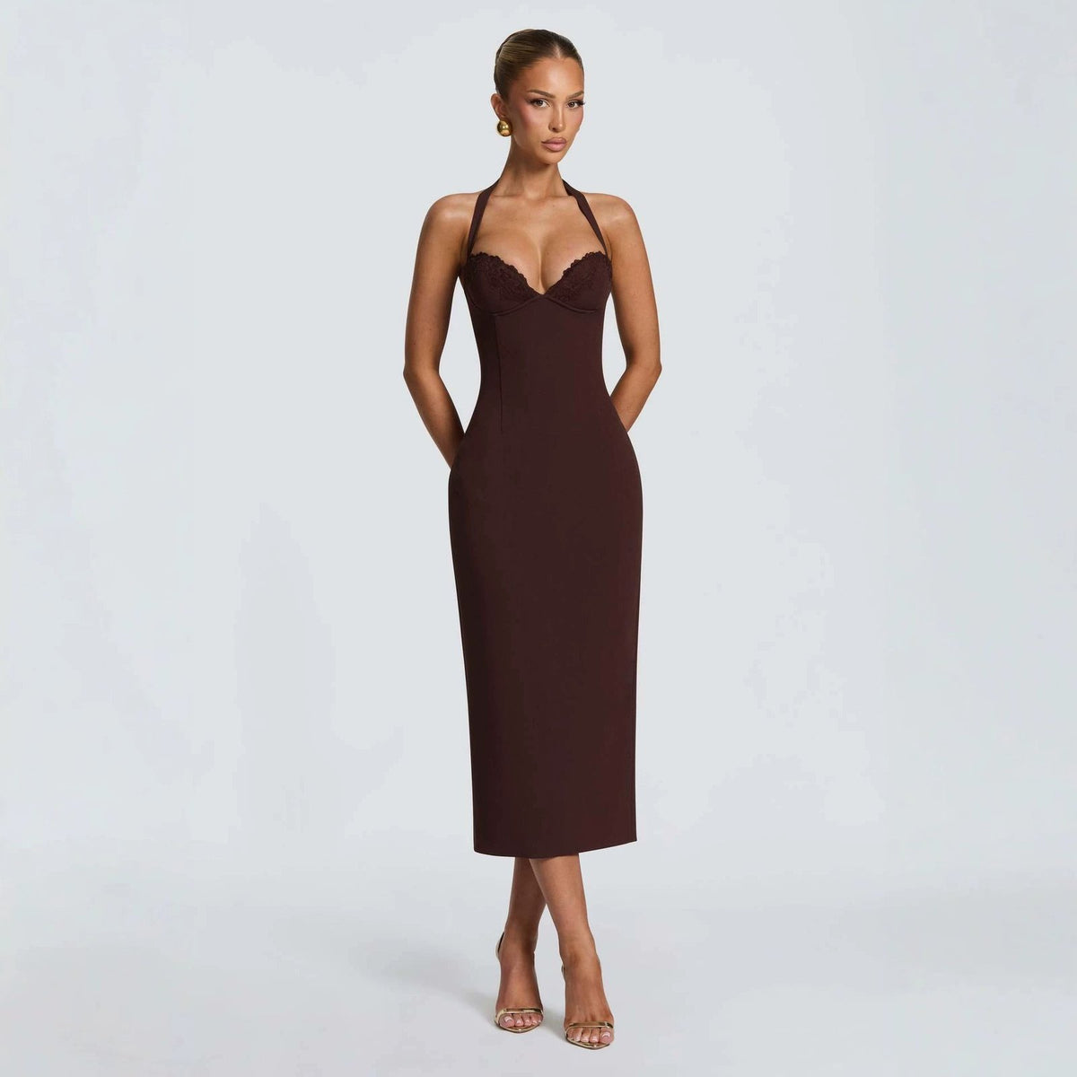 Lace-neck Halter Lace-panel Dress for Women