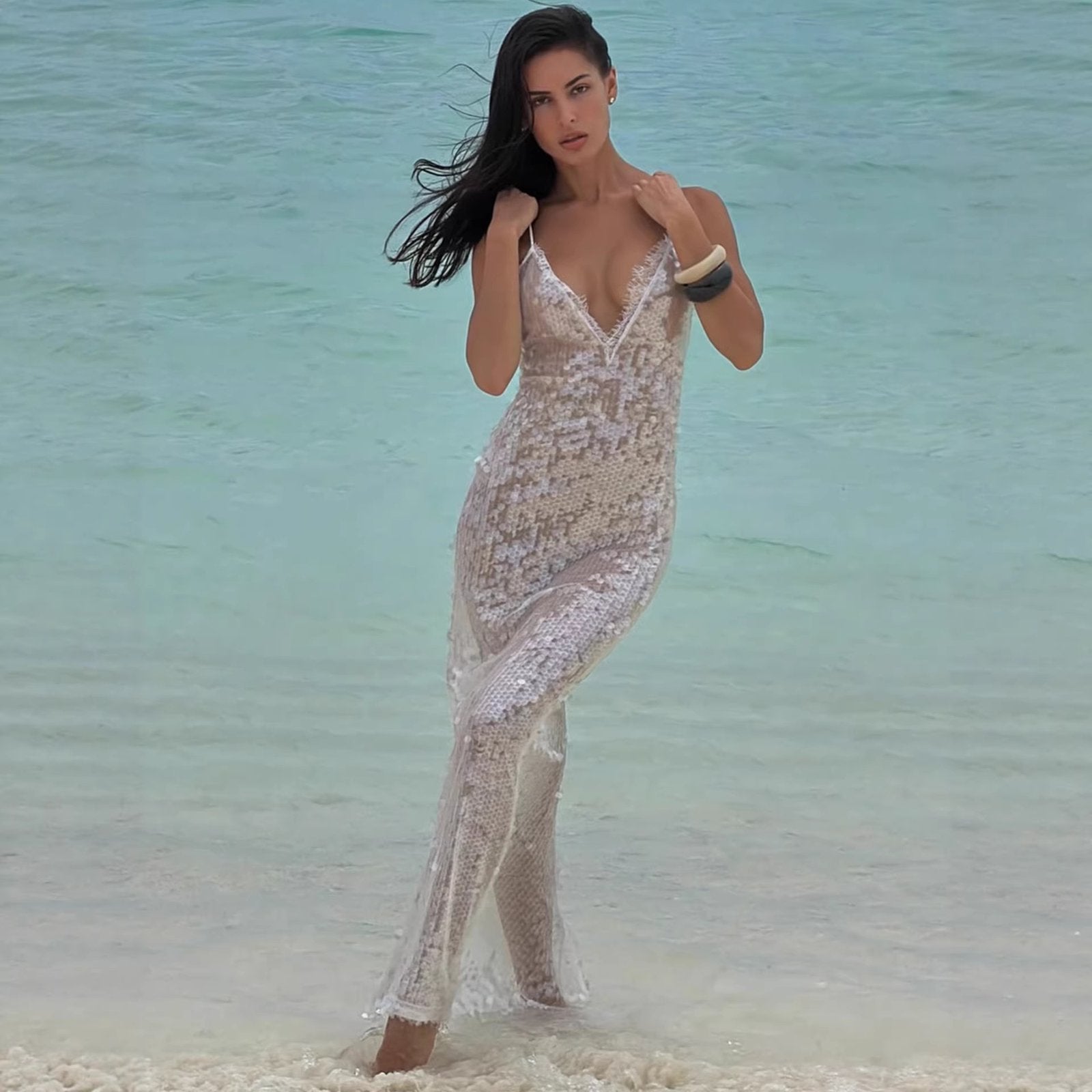 Sexy Sequin Spliced Lace Sheer Long Dress