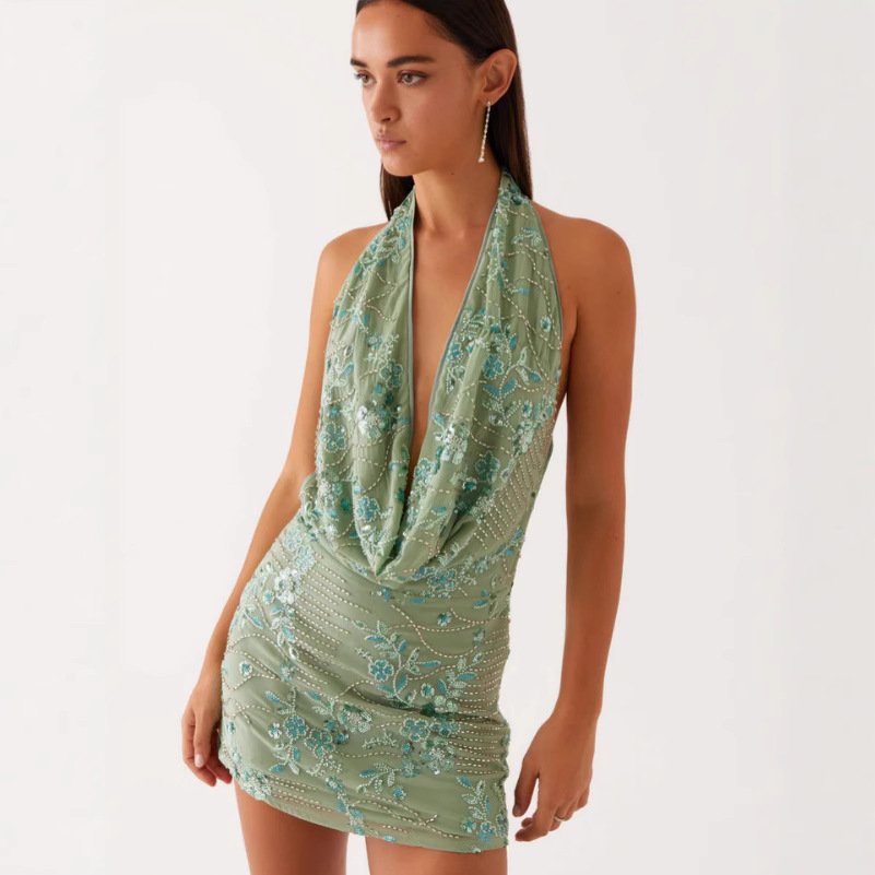 V-Neck Halter Dress for Women - Elegant A-Line Style