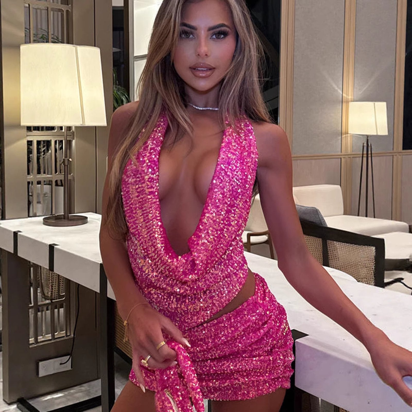 Sexy Sequin Halter Mini Dress Set
