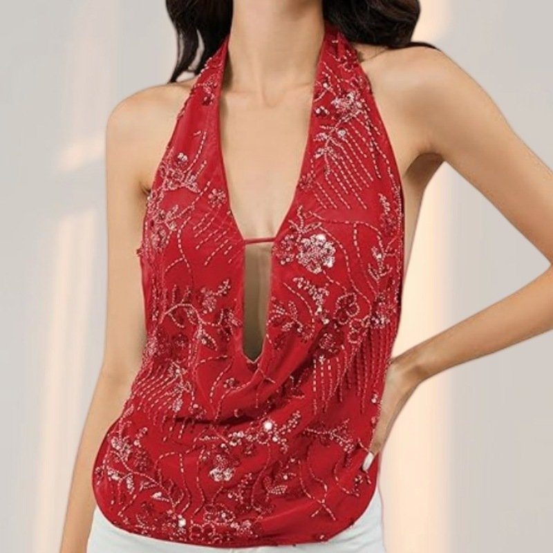 Sequin Halter Top for Women - Mint Green, White, Brown, & More