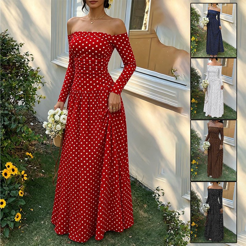 Polka Dot Off-Shoulder Long-Sleeve Dress for Women