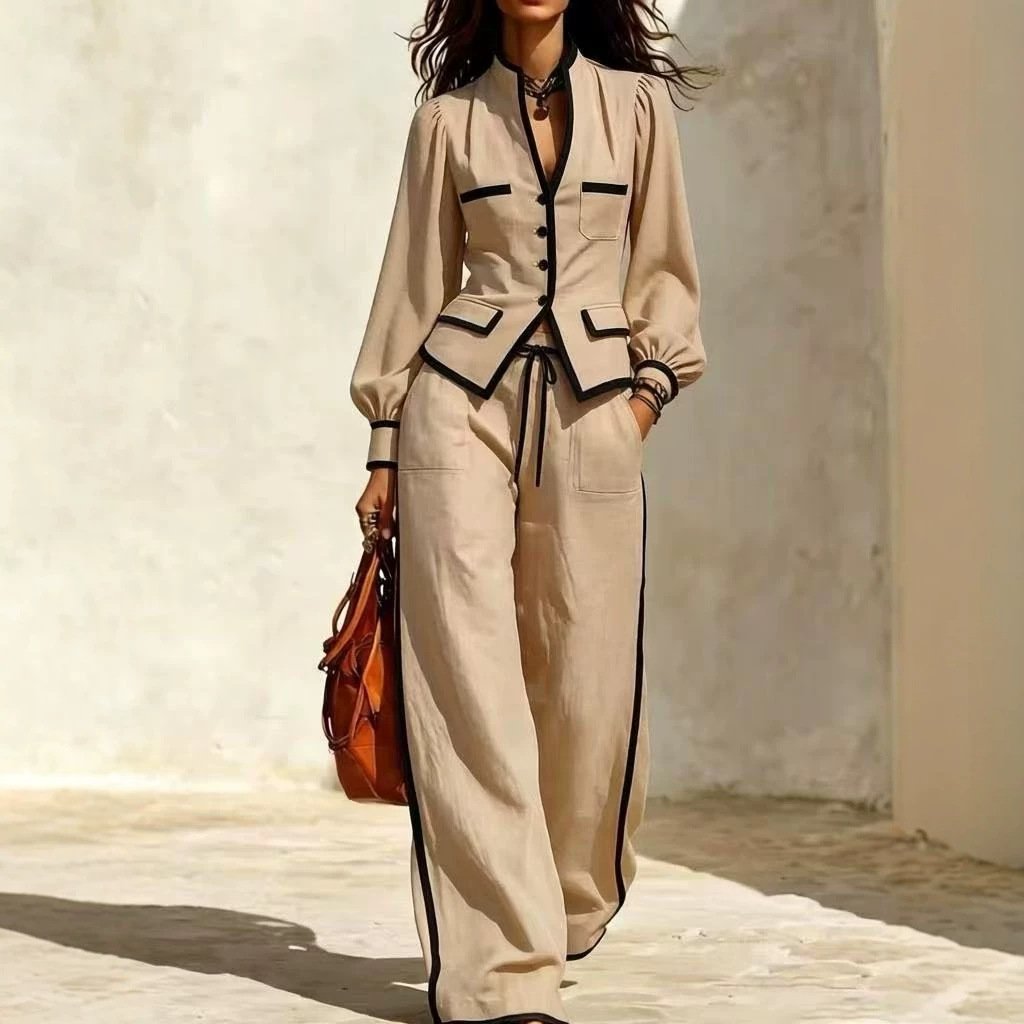 Color-block Women's Long-sleeve Top and Drawstring Pants Set