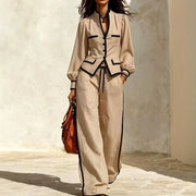 Color-block Women's Long-sleeve Top and Drawstring Pants Set