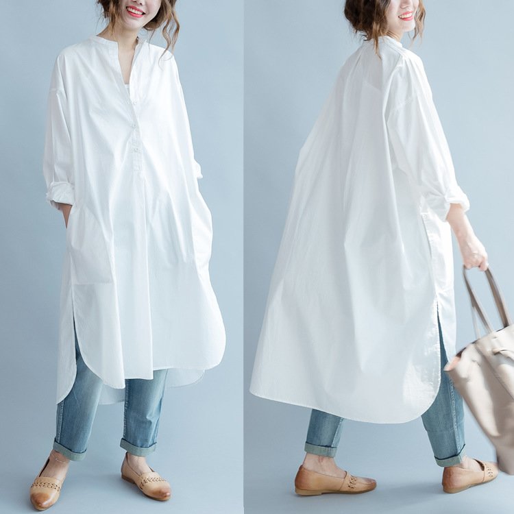 Solid-color Long Shirt Dress with a Button-front Design