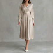 Elegant Long-Sleeved Satin Waist-Cinching Dress for Women