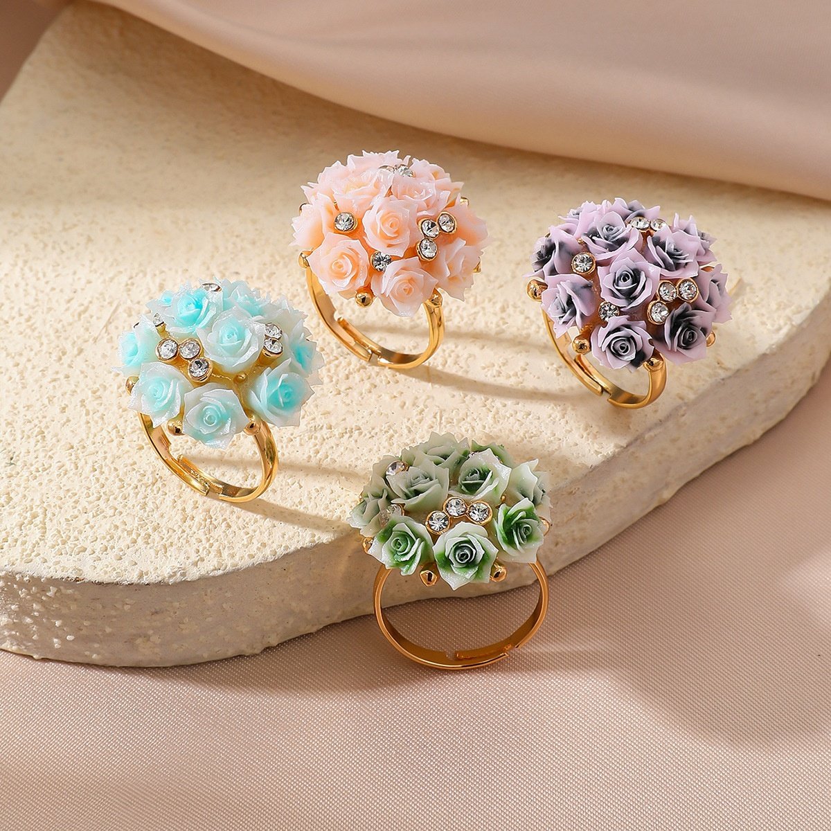 3D Rose Flower Ring with Resin Blossoms