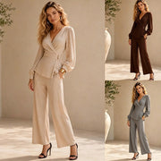 Elegant 2-Piece Set for Women - V-Neck Top & Wide-Leg Pants