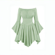 Medieval Vintage Off Shoulder Dress - Women's Cinched Waist Asymmetrical Hem Summer Casual Tunic