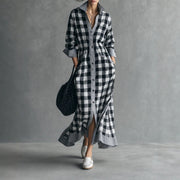 Womens Long-sleeved Loose-fit Plaid Shirt Dress