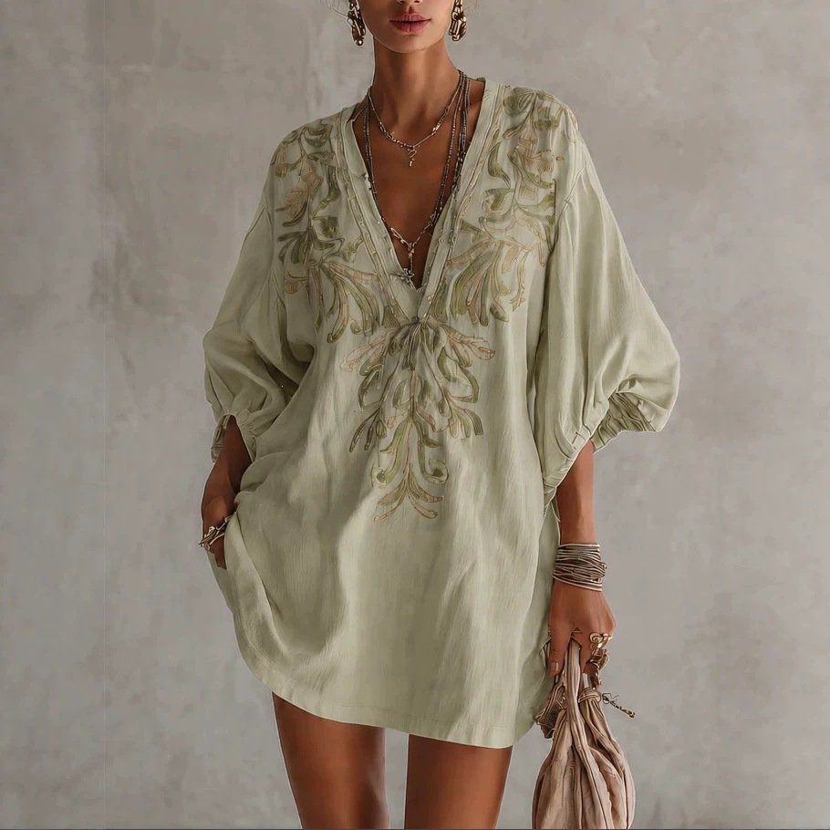 Deep V-neck Floral-print Dress with a Little Grass Motif