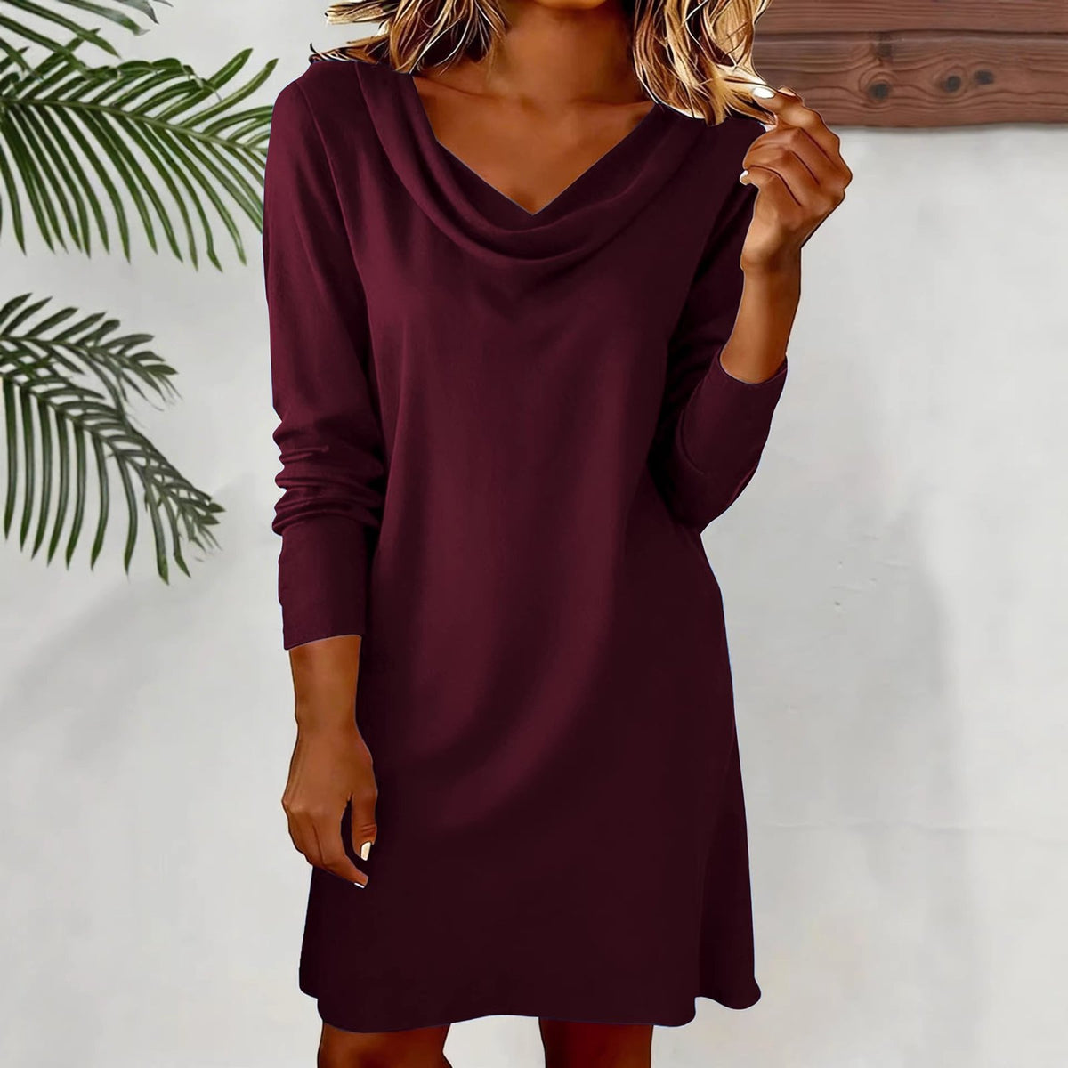Solid-color Boat-neck Womens Long-sleeve Dress