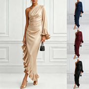 Solid-color Satin Sexy Off-shoulder Pleated Asymmetrical Dress