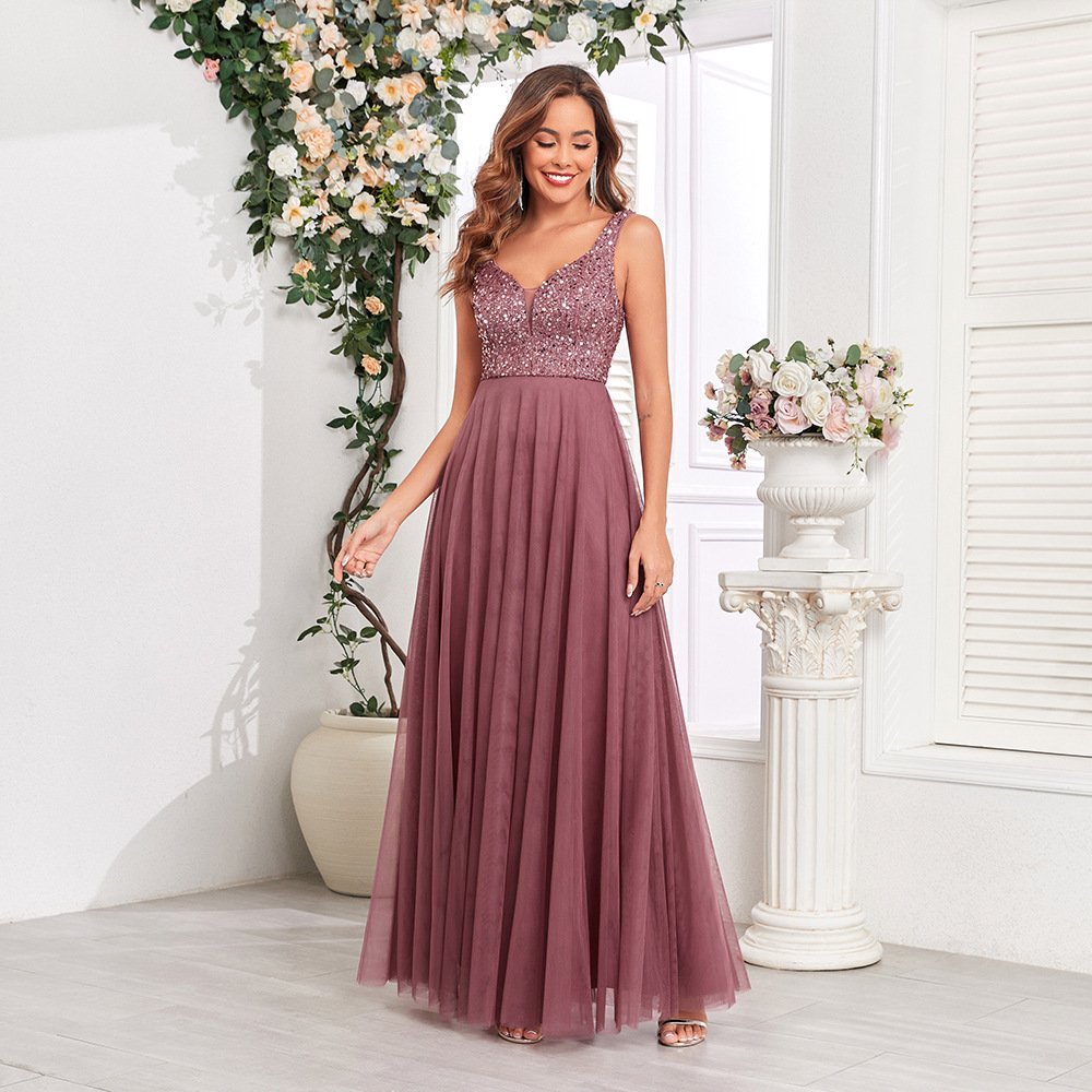 Sequined Mesh Patchwork Double V-neck Party Dress