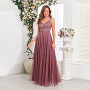 Sequined Mesh Patchwork Double V-neck Party Dress