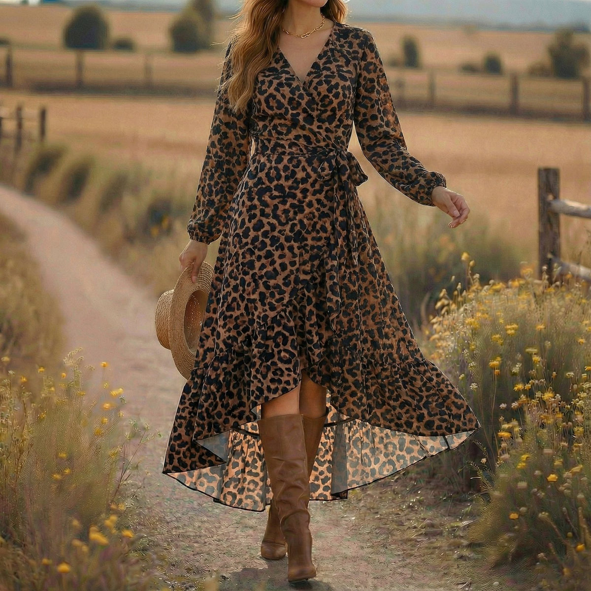 Womens New V-neck Long-sleeve Printed Dress