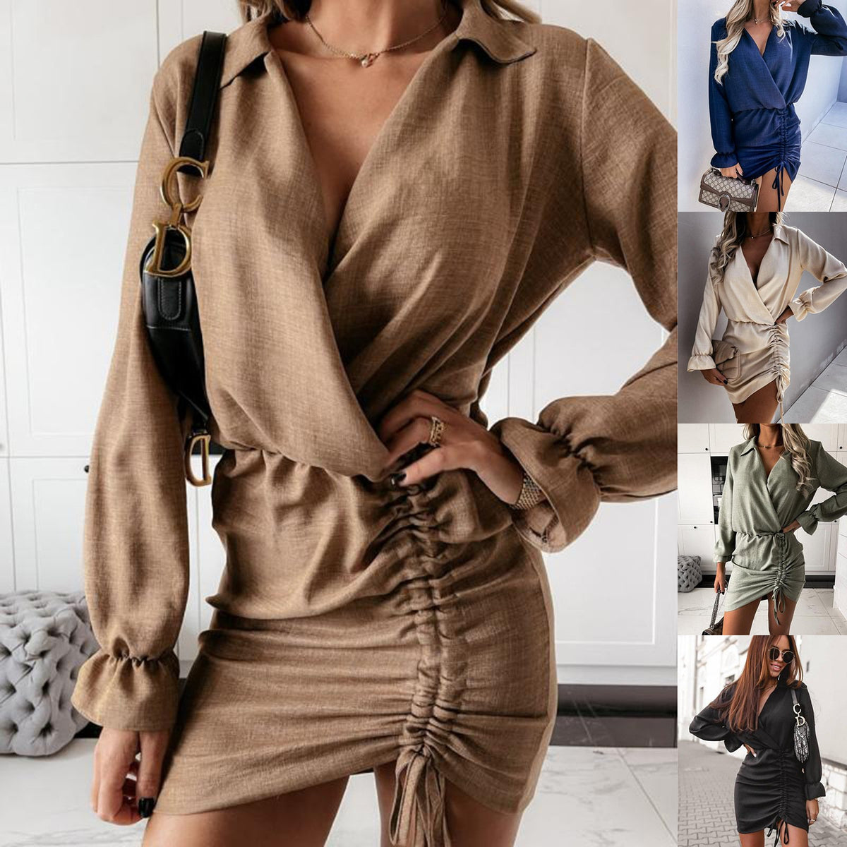 V-neck Fashion Drawstring Waist-drawing Dress