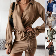 V-neck Fashion Drawstring Waist-drawing Dress