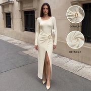 Minimalist Solid-color Square-neck Knitted Split Wrap Dress