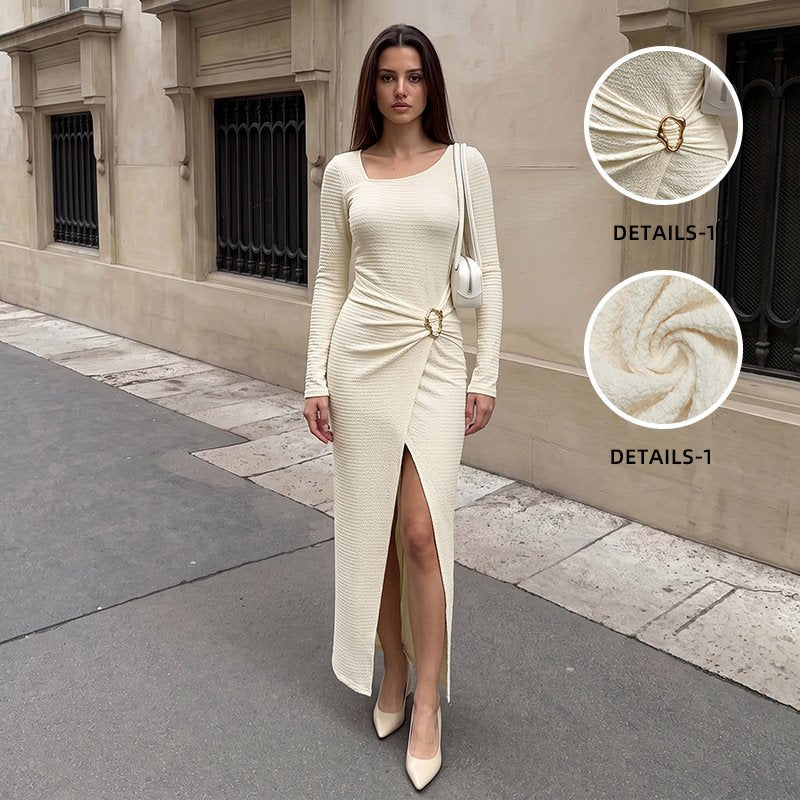 Minimalist Solid-color Square-neck Knitted Split Wrap Dress