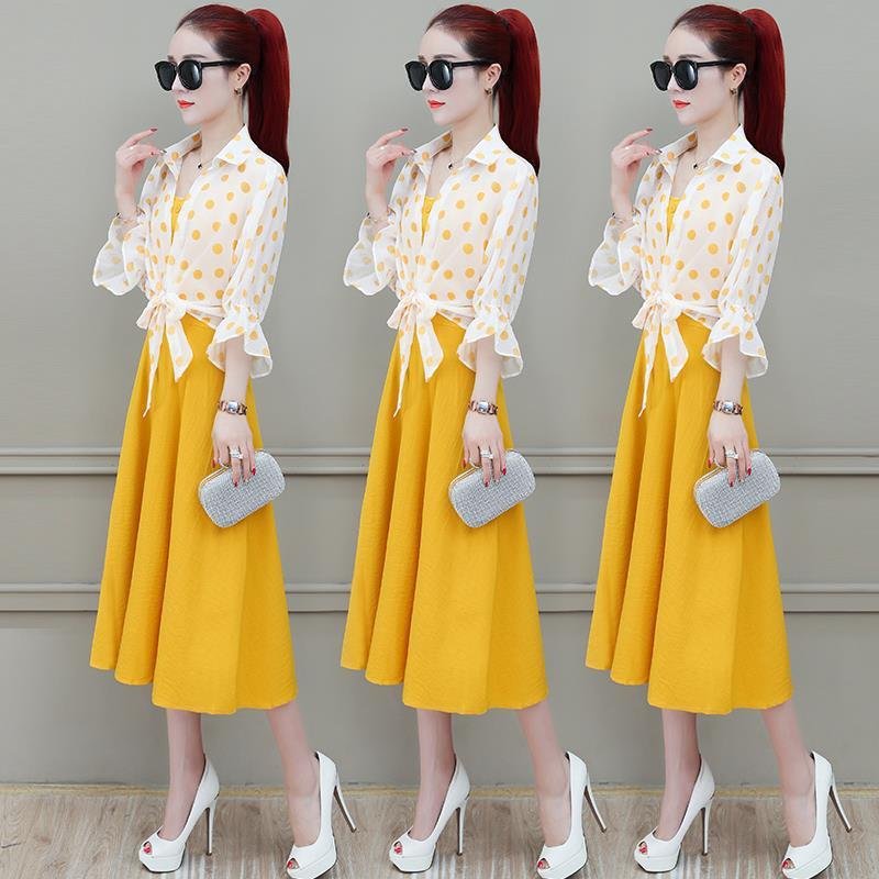 Polka-dot Shawl Blouse and Strap Dress Two-piece Set