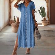 Casual Short-sleeved Denim-look Button-down Long Dress