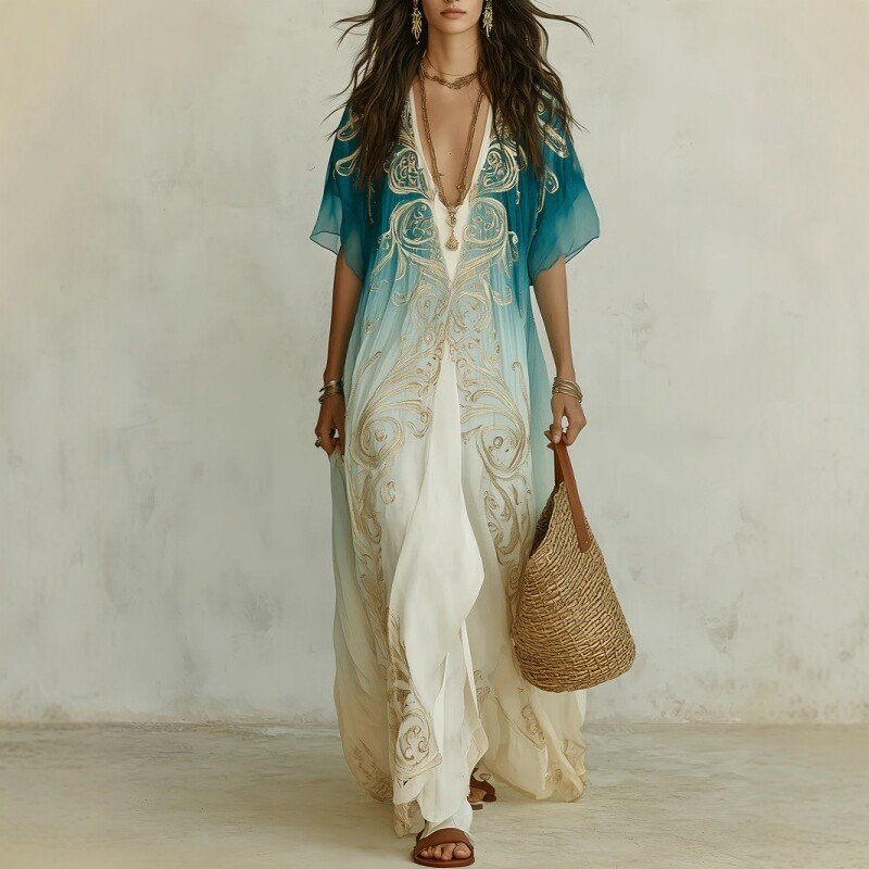 Womens Long V-neck Embroidered Dress