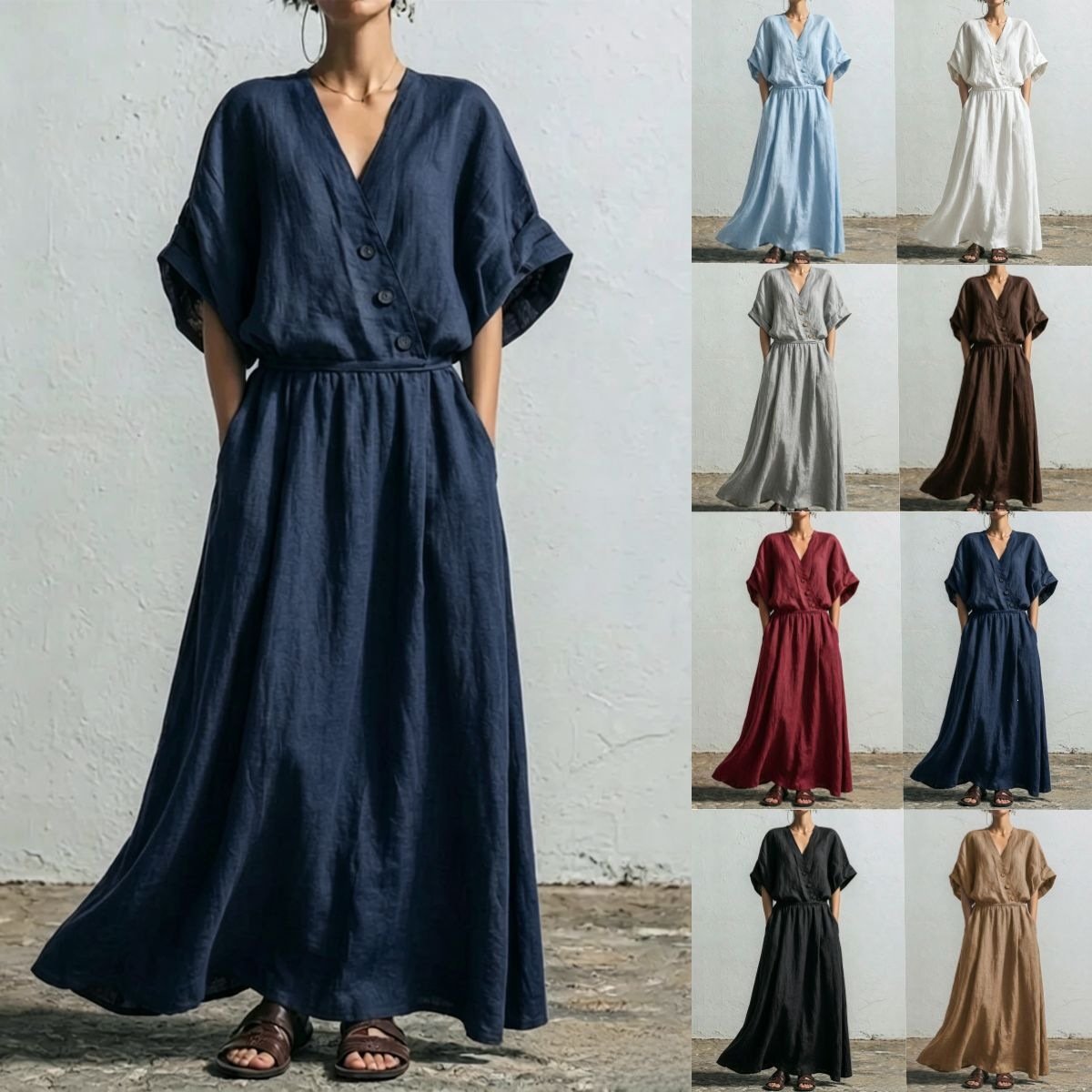 Cinched-waist V-neck Cotton-linen Dress for Women