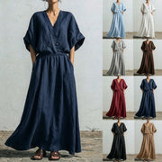 Cinched-waist V-neck Cotton-linen Dress for Women