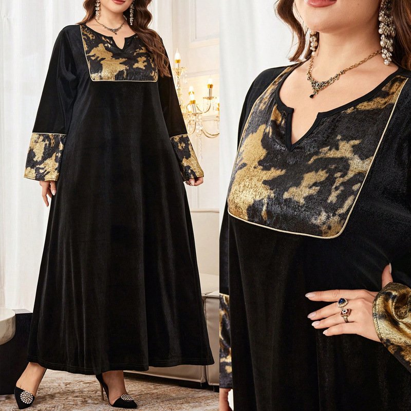 Plus Size Loose Long Sleeve Retro Long Dress