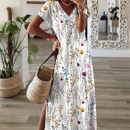 Digital-print V-neck Dress with a Slit Hem