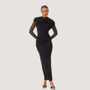 Elegant Long-sleeved Spliced Pleated Figure-hugging Sheath Dress
