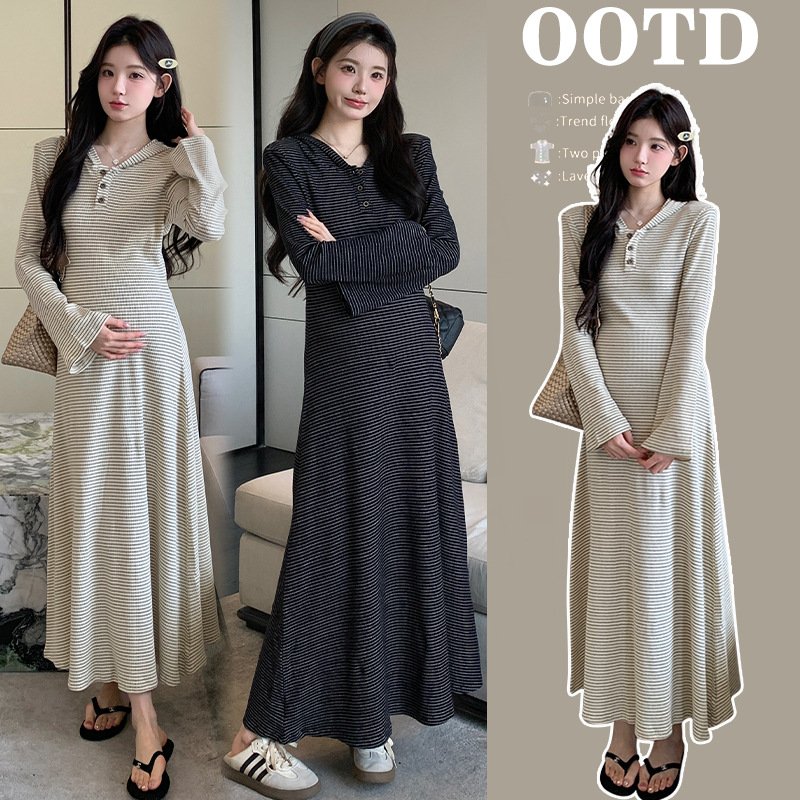 Laid-back Hooded Midi Striped Floor-length Dress