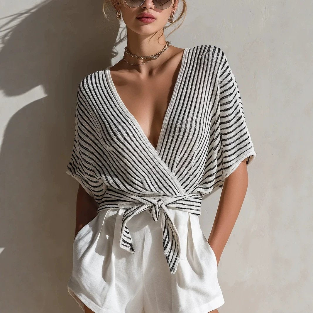 Black and White Contrast Deep-V Cropped Top
