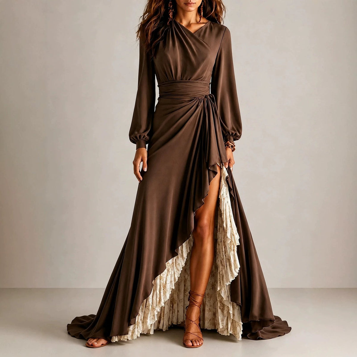 Womens Satin Cross-collar Long-sleeve Wrap Dress